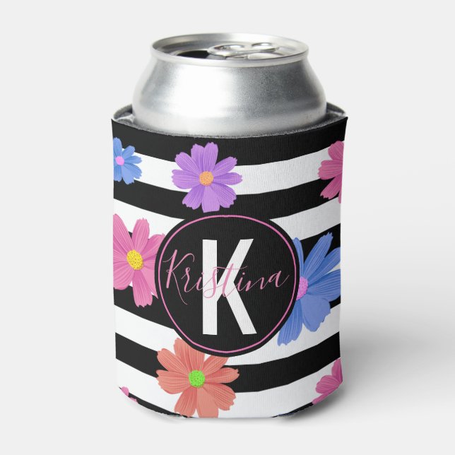 Rafraîchisseur Pour Canette Trendy Floral noir & blanc rayures personnalisées (Can devant)