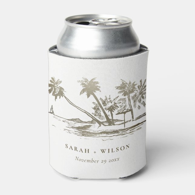 Rafraîchisseur Pour Canette Tropical Beach Palm Tree croquis Pale Gold Mariage (Can devant)