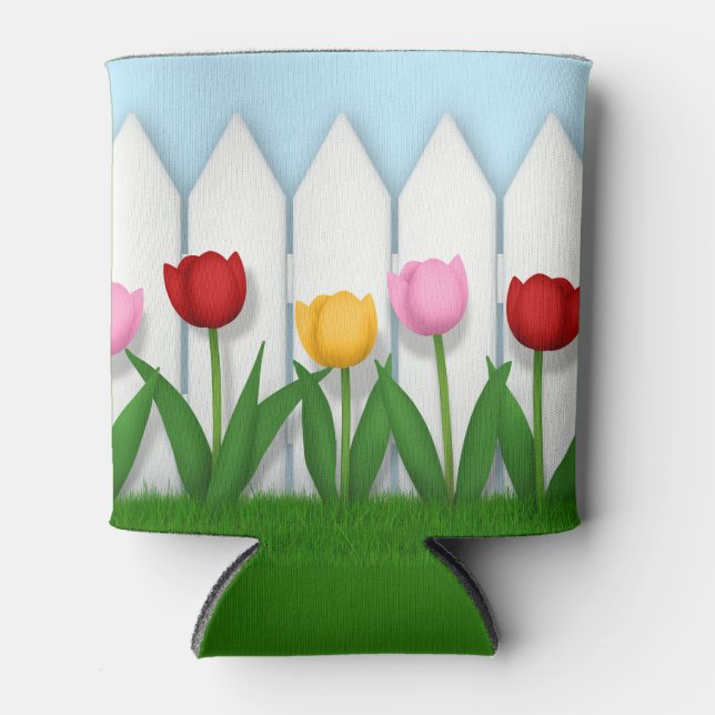 Rafraîchisseur Pour Canette Tulipes printanières gaies et clôture blanche (Devant)