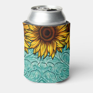 Rafraîchisseur Pour Canette Turquoise Leather Tooled Bright Sunny Sunflowers