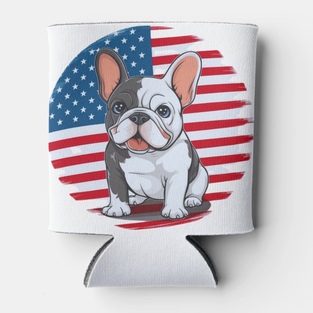 Rafraîchisseur Pour Canette Un dessin animé français bulldog avec drapeau amér (Devant)