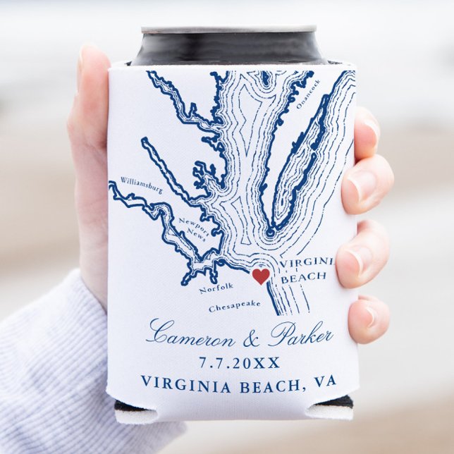 Rafraîchisseur Pour Canette Virginia Beach Map Elégant Marine Blue Wedding Fav (Virginia Beach Can Coozie Wedding Favor for an Elegant Navy Blue Wedding from Coastal Map Designs)