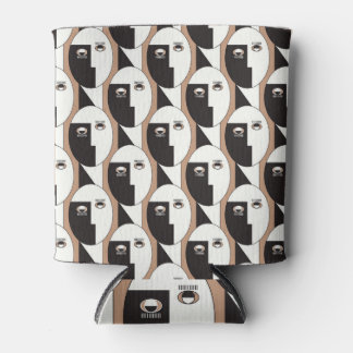 Rafraîchisseur Pour Canette Visage et yeux, motif marron géométrique.