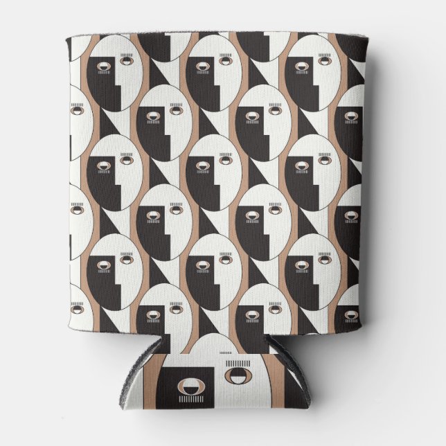 Rafraîchisseur Pour Canette Visage et yeux, motif marron géométrique. (Devant)