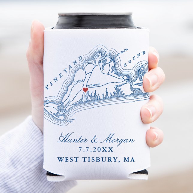 Rafraîchisseur Pour Canette West Tisbury Carte Elégant Marine Blue Wedding Fav (West Tisbury Martha's Vineyard Wedding favor can coozie in elegant navy blue by Coastal Map Designs)