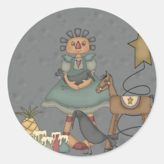 Rag Doll Primitive Horse Crow Tin Star Candles Classic Round Sticker