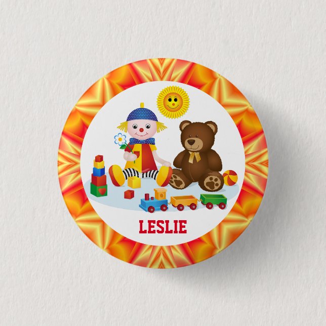 Rag Doll, Teddy and Smiling Sun  Personalized 1 Inch Round Button (Front)