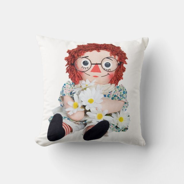 rag doll with daisy bouquet throw pillow (Front)