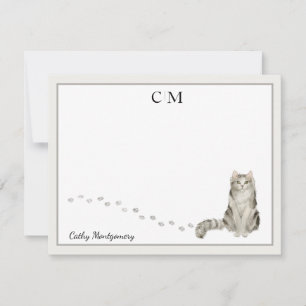 Ragamuffin Cat Grey Border Monogram Name Note Card