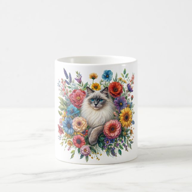 Ragdoll Cat Colorful Flower Portrait Coffee Mug (Center)