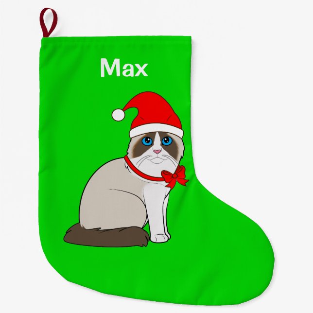 Ragdoll Cat Dressed in Santa Hat Customizable Large Christmas Stocking (Front)