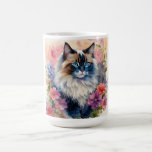 Ragdoll Cat Floral Portrait Art Coffee Mug<br><div class="desc">Mug features delicate watercolor artwork of a beautiful rag doll cat surrounded by flowers in a feminine aesthetic animal portrait. 
The blue-eyed feline is looking off the side in this vibrant floral painting.</div>