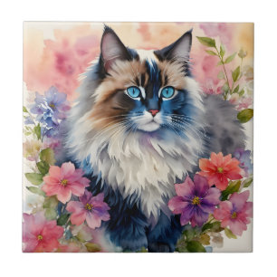 Ragdoll Cat Floral Portrait Tile