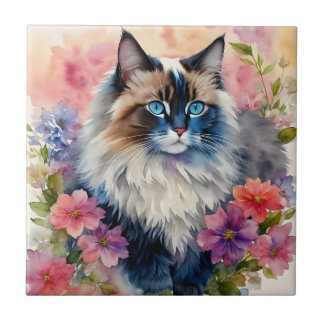 Ragdoll Cat Floral Portrait Tile