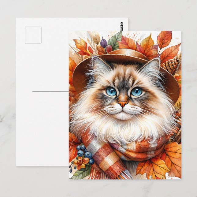 Ragdoll Cat In Autumn Scarf With Fall Leaves Postcard (Front/Back)