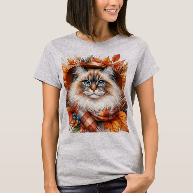 Ragdoll Cat In Autumn With Fall Leaves T-Shirt (Front)