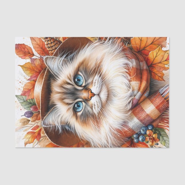 Ragdoll Cat In Autumn With Fall Leaves Tissue Paper (Front)