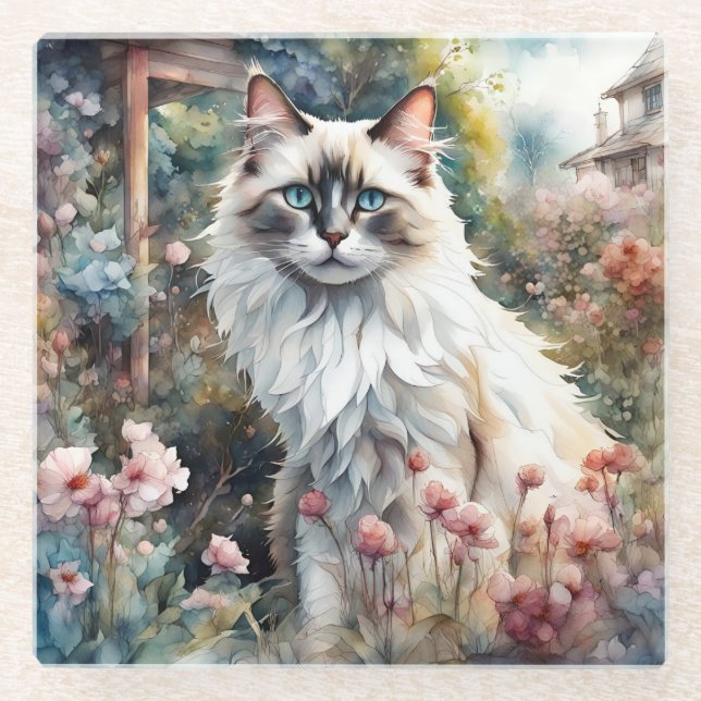 Ragdoll Cat in English Garden Glass Coaster (Front)