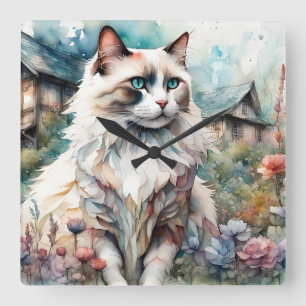 Ragdoll Cat in English Garden Square Wall Clock