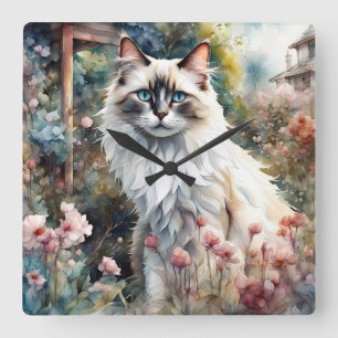 Ragdoll Cat in English Garden Square Wall Clock