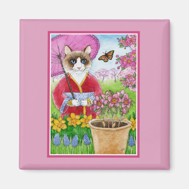 Ragdoll Cat in Japanese Garden Spring Easter Pink Magnet (Front)