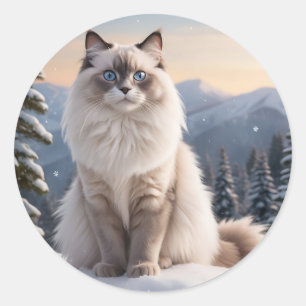 Ragdoll Cat on Snowy Mountain with Serene Winter Classic Round Sticker