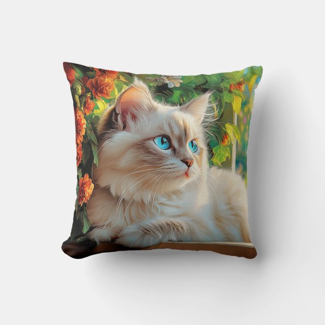 Ragdoll cat portrait with flowers throw pillow (Front)