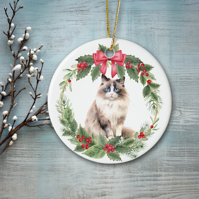 Ragdoll Cat Red Bow Holly Wreath Ceramic Ornament (Creator Uploaded)
