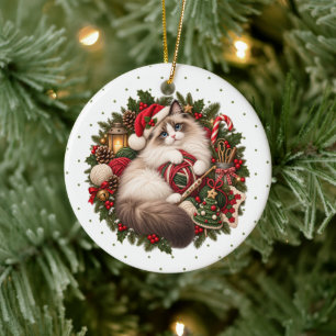 Ragdoll Cat Santa Hat Crochet Hook Yarn Balls Ceramic Ornament