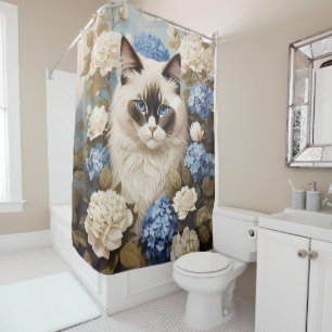 Ragdoll Cat With Blue Hydrangea Flowers