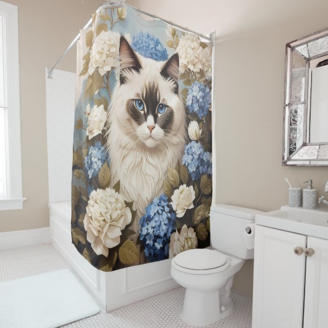 Ragdoll Cat With Blue Hydrangea Flowers (In Situ)
