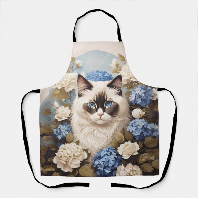 Ragdoll Cat With Blue Hydrangea Flowers Apron (Front)