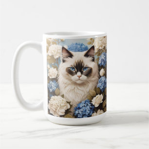 Ragdoll Cat With Blue Hydrangea Flowers Coffee Mug