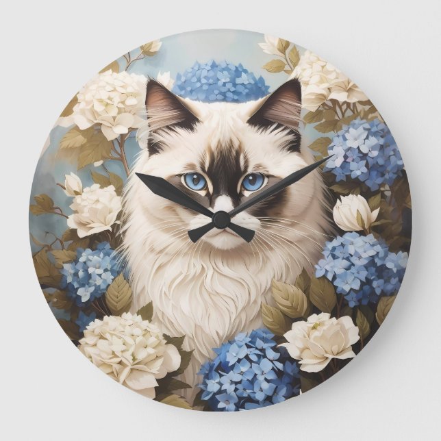Ragdoll Cat With Blue Hydrangea Flowers Large Clock (Front)