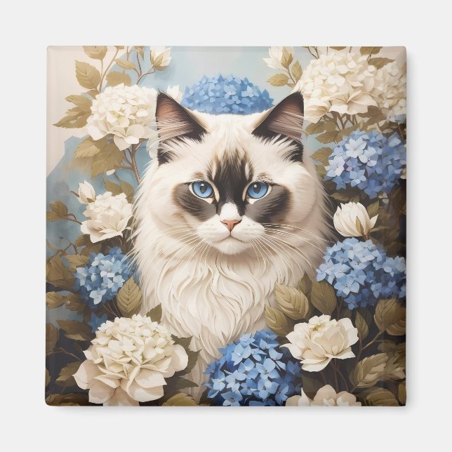 Ragdoll Cat With Blue Hydrangea Flowers Magnet (Front)