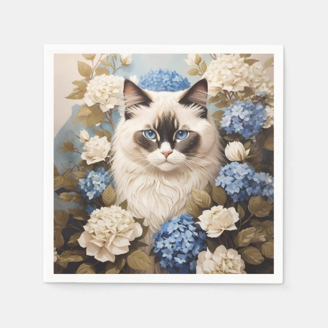 Ragdoll Cat With Blue Hydrangea Flowers Napkin (Front)