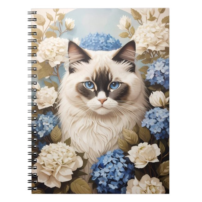 Ragdoll Cat With Blue Hydrangea Flowers Notebook (Front)