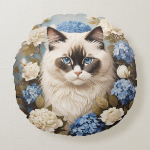 Ragdoll Cat With Blue Hydrangea Flowers Round Pillow