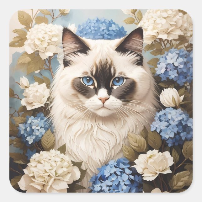 Ragdoll Cat With Blue Hydrangea Flowers Square Sticker (Front)