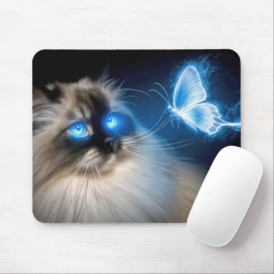 Ragdoll Cat With Blue Neon Butterfly Mouse Pad