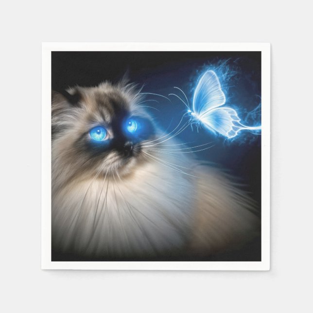 Ragdoll Cat With Blue Neon Butterfly Napkin (Front)