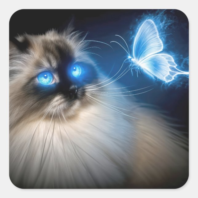 Ragdoll Cat With Blue Neon Butterfly Square Sticker (Front)