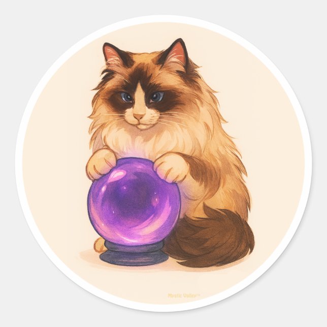 Ragdoll cat with purple crystal ball classic round sticker (Front)