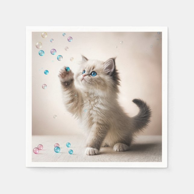 Ragdoll Kitten Playing With Bubbles Napkin (Front)