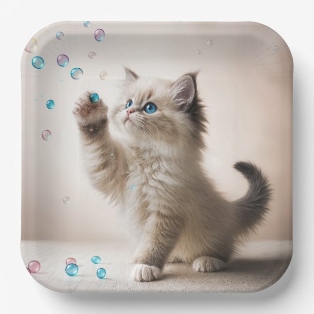 Ragdoll Kitten Playing With Bubbles Paper Plate (Front)
