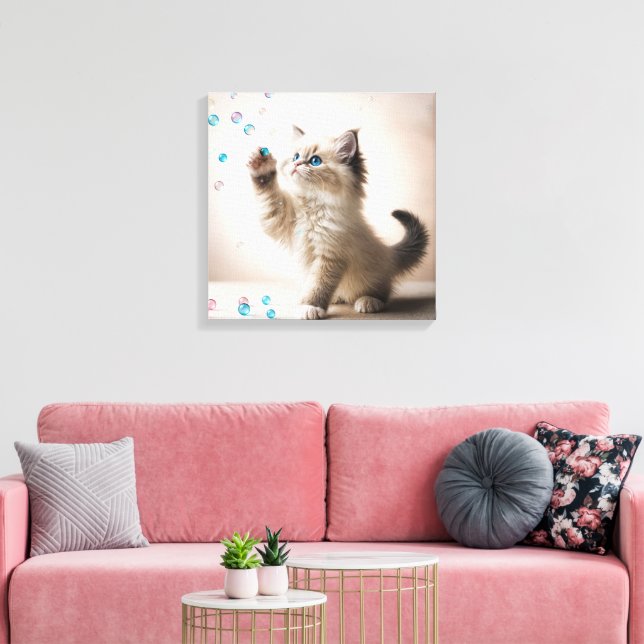 Ragdoll Kitten Playing With Soap Bubbles Canvas Print (Insitu(LivingRoom))