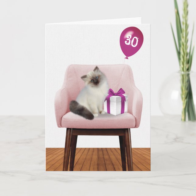 Ragdoll Kitten With 30th Birthday Balloon Card (Front)