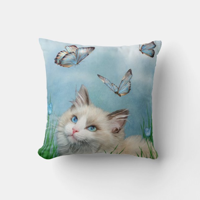 Ragdoll Kitty And Butterflies Art Decorator Pillow (Front)