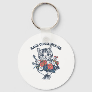 Rage Consumes Me Cat Flower Cute Kitty Cat Meme  Keychain