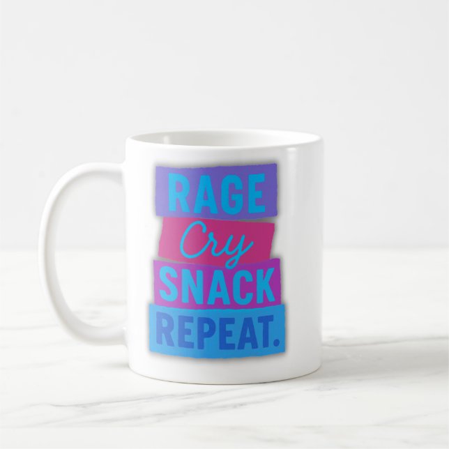 Rage Cry Snack Repeat – Funny Relatable Coffee Mug (Left)